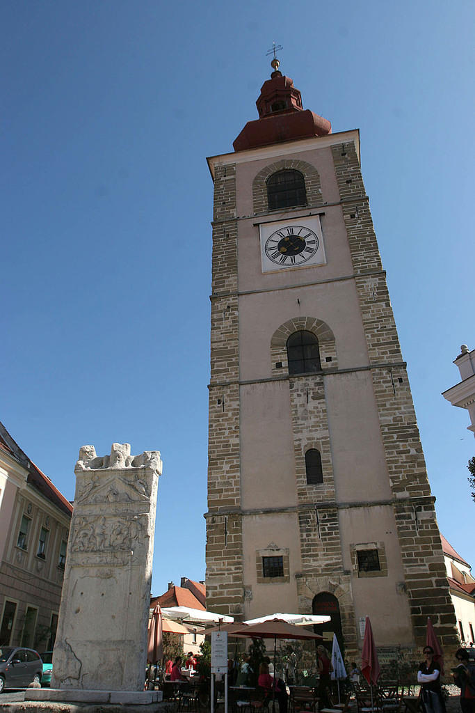 Belltower and Roman marble in Ptuj, Slovenia