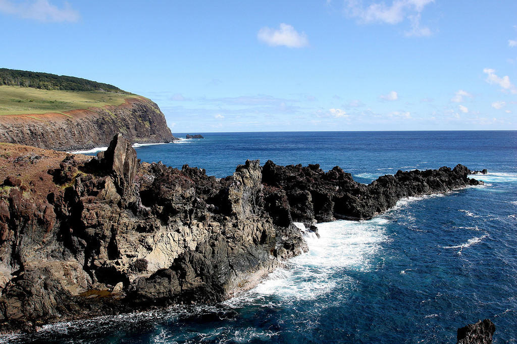 Craggy southern volcanic coastline.