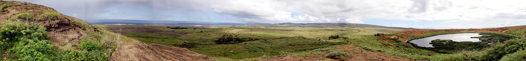 Panorama above Rano Raraku.  Notice the storm on the left that quickly blew over and soaked me