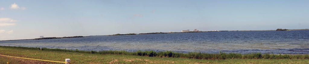 The causeway where we viewed the launch.  The shuttle is a dot roughly in the middle, between two grassy islands.