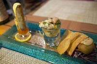 Lobster roll, Conch ceviche, and croquette