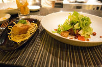 Short ribs and grilled scallops with squash noodles