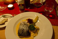 Lake Inari trout, North Sea crab, and mashed potatoes with beet, and Lapin Kulta, the local beer.